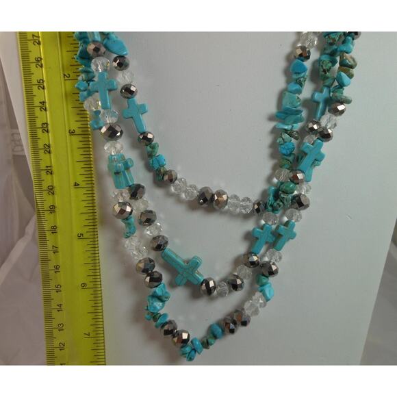 Handcrafted Turquoise Blue Nugget Cross Crystal Necklace Vintage Boho Chic - Picture 6 of 6
